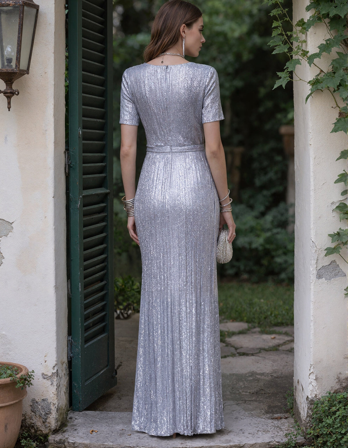 Silver V-Neck Short Sleeved Shirt Maxi Dress