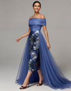 Blue Off Shoulder Pleated Tulle With Floral Embroidery Maxi Dress