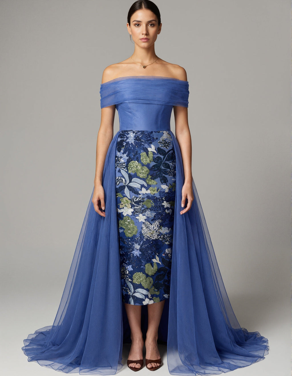 Blue Off Shoulder Pleated Tulle With Floral Embroidery Maxi Dress