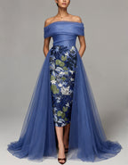 Blue Off Shoulder Pleated Tulle With Floral Embroidery Maxi Dress