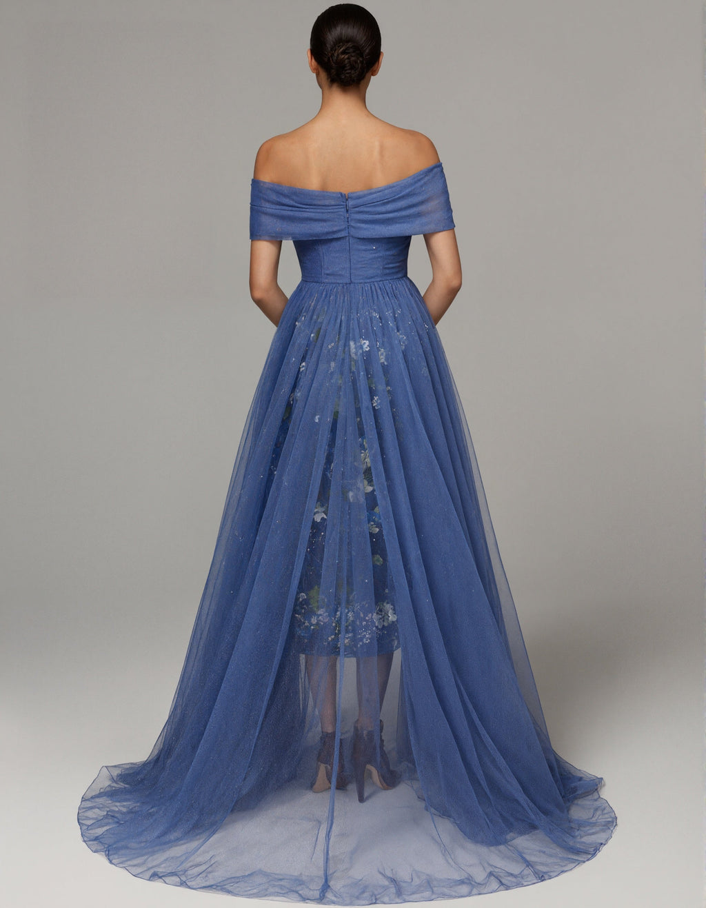 Blue Off Shoulder Pleated Tulle With Floral Embroidery Maxi Dress