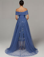 Blue Off Shoulder Pleated Tulle With Floral Embroidery Maxi Dress