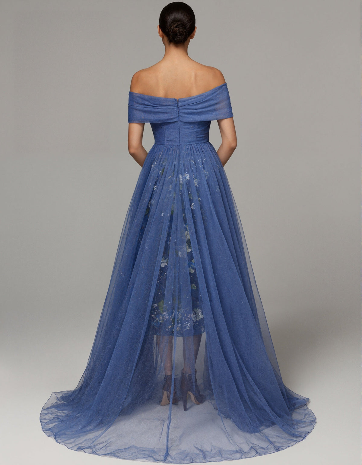 Blue Off Shoulder Pleated Tulle With Floral Embroidery Maxi Dress
