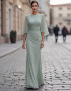 Bean Green Chiffon With Ruffled Sleeves Maxi Dress