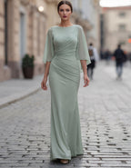 Bean Green Chiffon With Ruffled Sleeves Maxi Dress