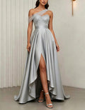Silver Tulle One Shoulder Sequined Satin Slit Maxi Dress