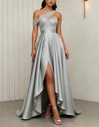 Silver Tulle One Shoulder Sequined Satin Slit Maxi Dress