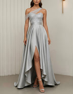 Silver Tulle One Shoulder Sequined Satin Slit Maxi Dress