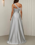 Silver Tulle One Shoulder Sequined Satin Slit Maxi Dress