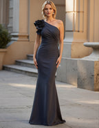 Solid Color Single Shoulder 3D Floral Design Maxi Dress