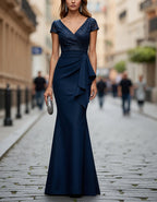 Navy Blue Sequined V-Neck Short Sleeved  Maxi Dress