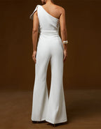 White One Shoulder Ruffled Bow Wide Leg Jumpsuit