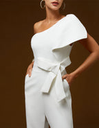 White One Shoulder Ruffled Bow Wide Leg Jumpsuit