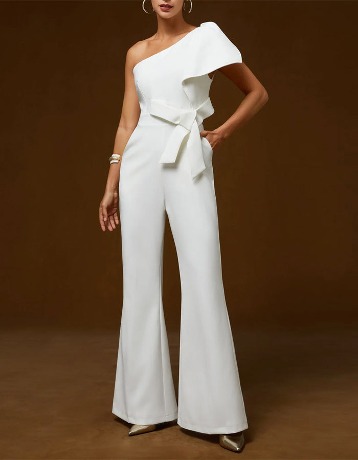 White One Shoulder Ruffled Bow Wide Leg Jumpsuit