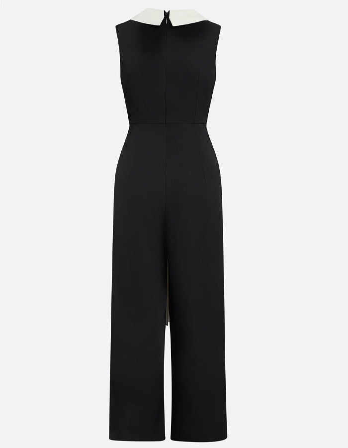 Black And White Color Blocked V-Neck High Waisted Wide Leg Jumpsuit