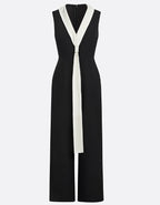 Black And White Color Blocked V-Neck High Waisted Wide Leg Jumpsuit