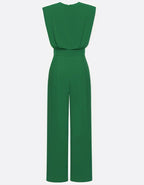 Green Round Neck Padded Shoulder Sleeveless High Waist Wide Leg Jumpsuit