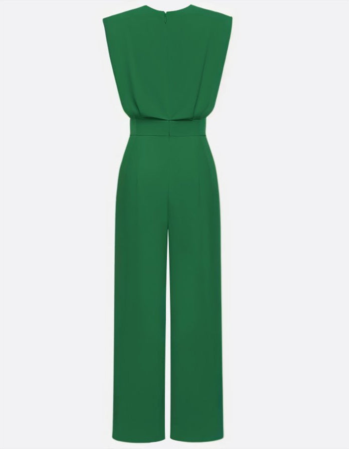 Green Round Neck Padded Shoulder Sleeveless High Waist Wide Leg Jumpsuit