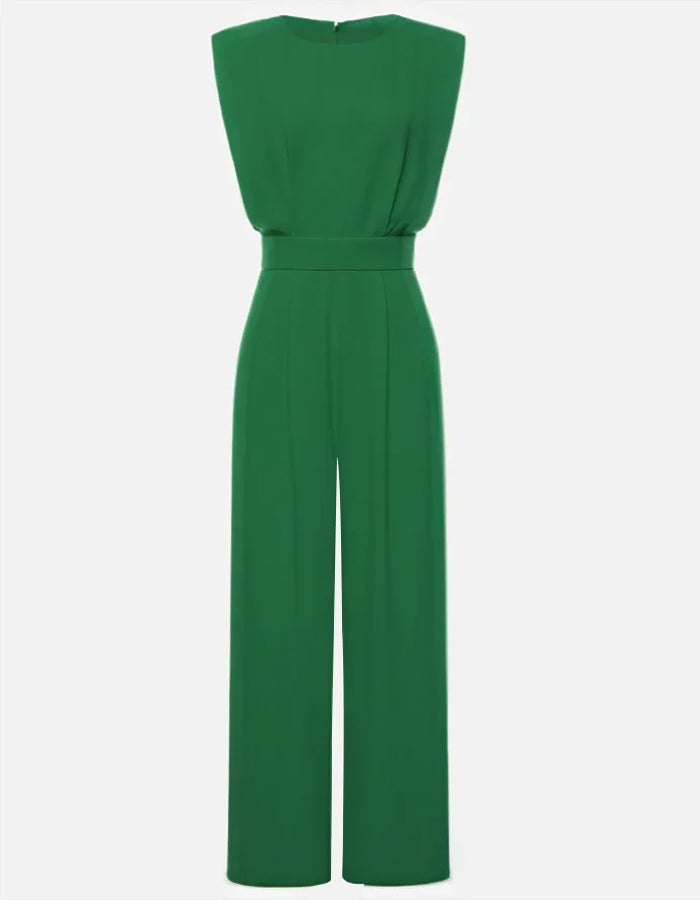 Green Round Neck Padded Shoulder Sleeveless High Waist Wide Leg Jumpsuit