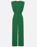 Green Round Neck Padded Shoulder Sleeveless High Waist Wide Leg Jumpsuit
