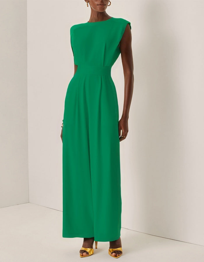 Green Round Neck Padded Shoulder Sleeveless High Waist Wide Leg Jumpsuit