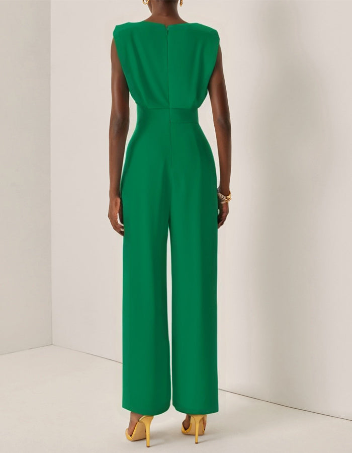 Green Round Neck Padded Shoulder Sleeveless High Waist Wide Leg Jumpsuit