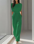 Green Round Neck Padded Shoulder Sleeveless High Waist Wide Leg Jumpsuit