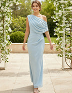 Blue One Shoulder Draped Chiffon Maxi Dress