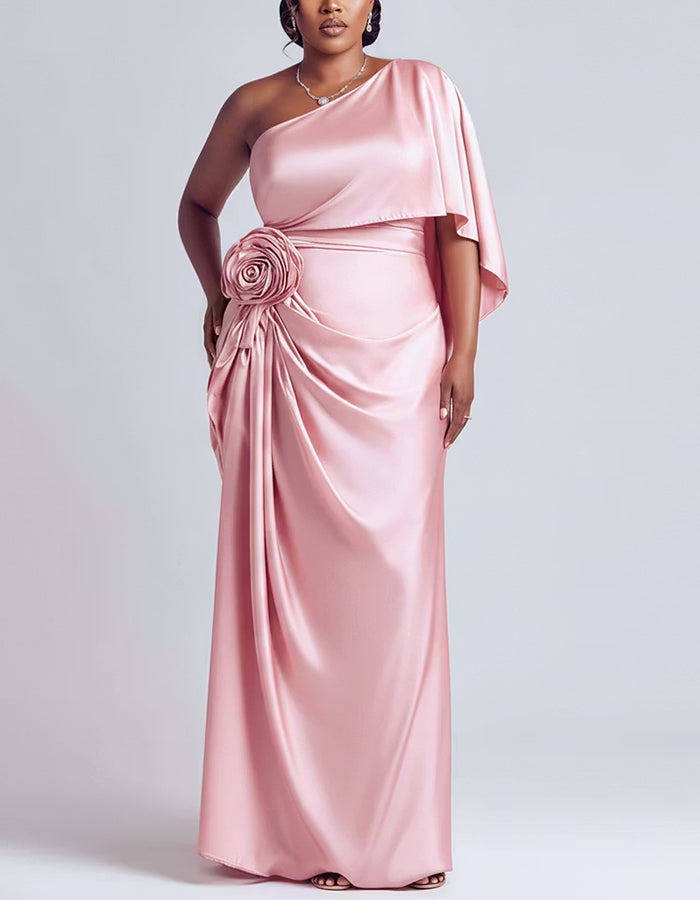 Vestido largo de raso rosa, un hombro