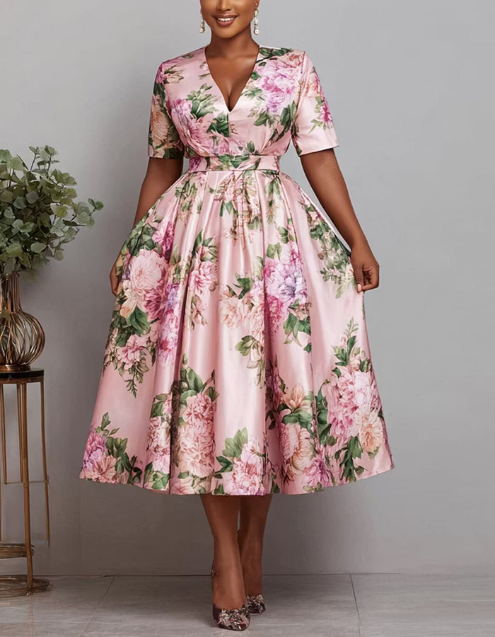Robe midi fleurie en satin à col en V rose