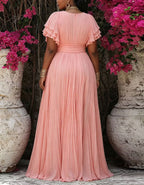 Robe longue en mousseline rose à col en V, double épaisseur, à volants et manches courtes