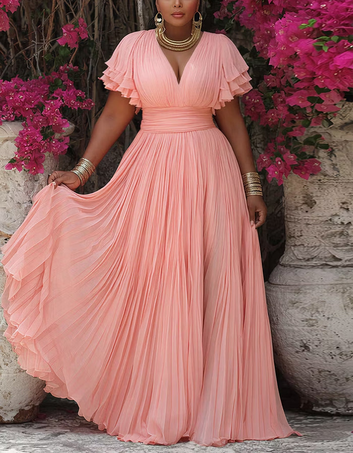 Robe longue en mousseline rose à col en V, double épaisseur, à volants et manches courtes