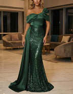 Solid Color Satin Off Shoulder Sequins Maxi Dress