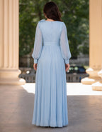 Blue Chiffon V-Neck 3D Floral Lantern Sleeves Maxi Dress