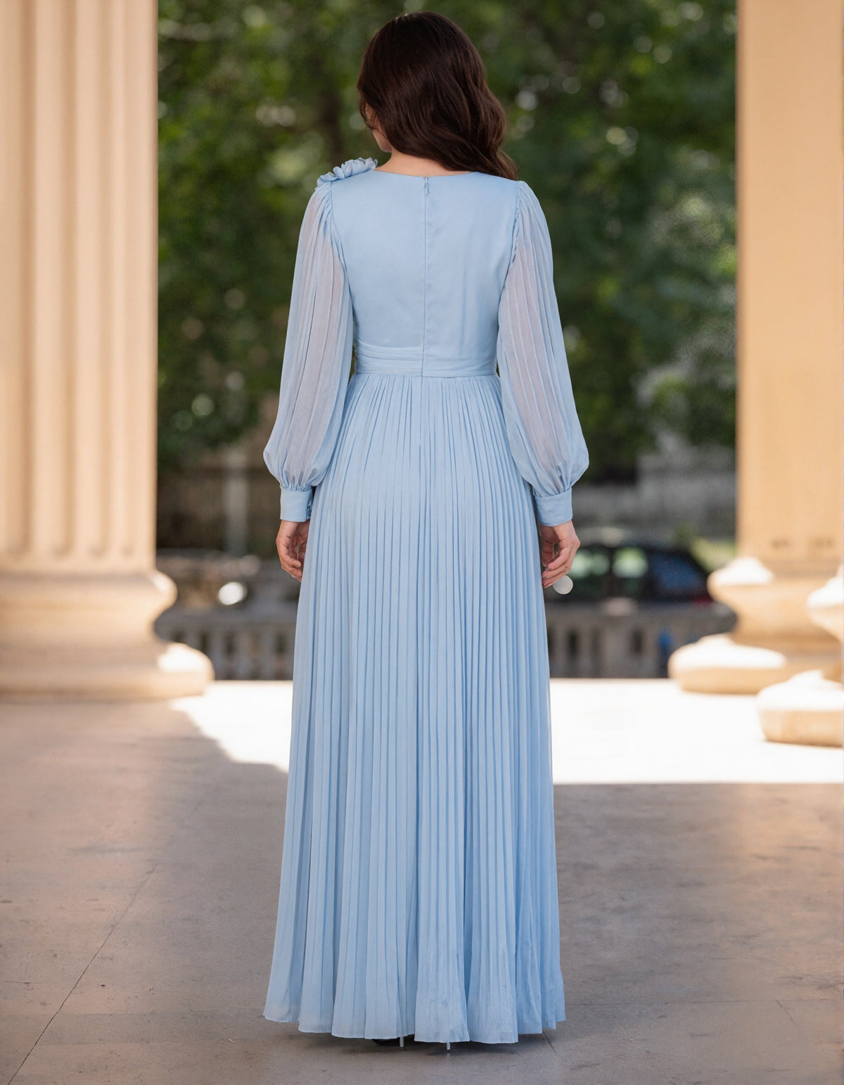 Blue Chiffon V-Neck 3D Floral Lantern Sleeves Maxi Dress