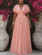 Robe longue en mousseline rose à col en V, double épaisseur, à volants et manches courtes