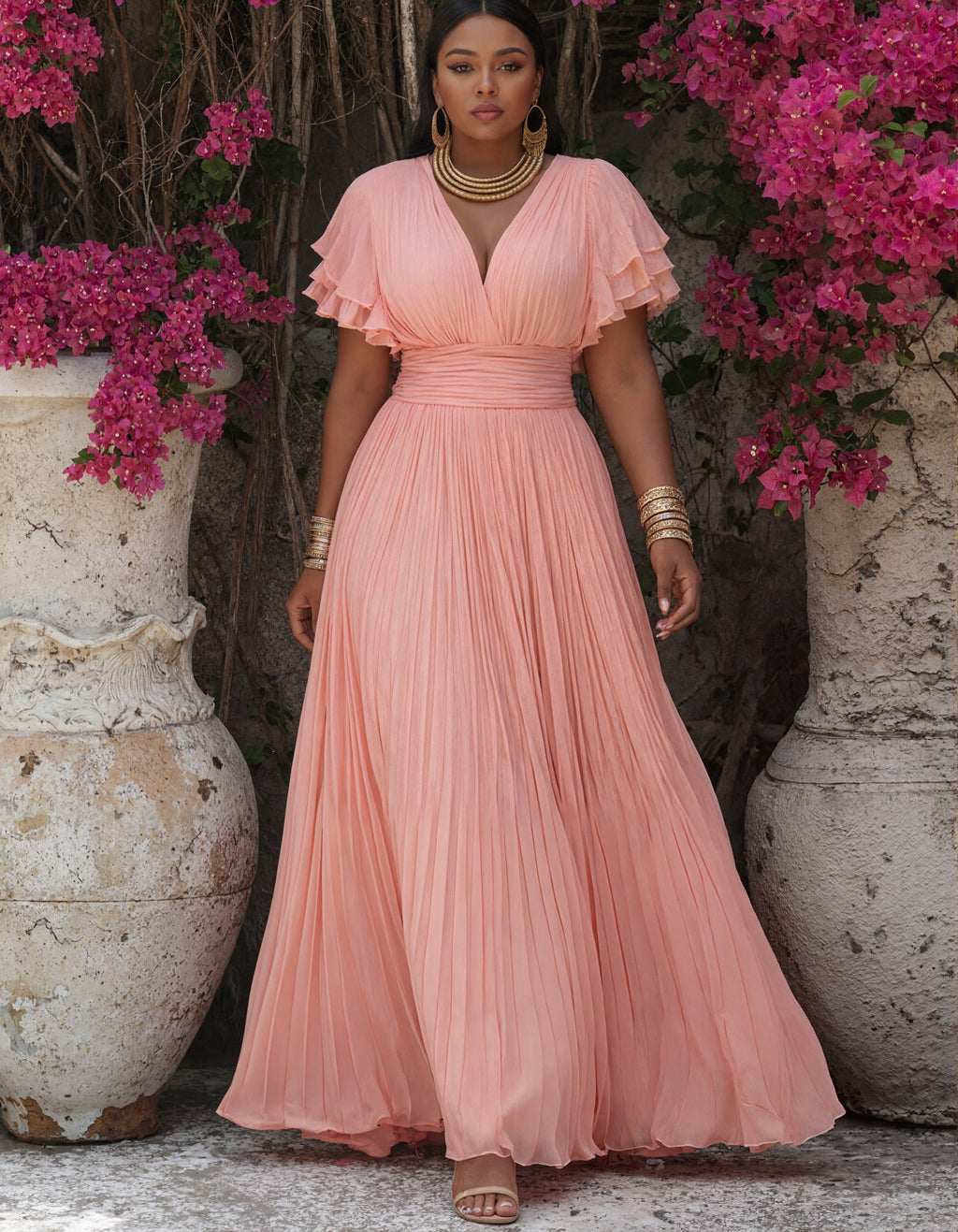 Robe longue en mousseline rose à col en V, double épaisseur, à volants et manches courtes
