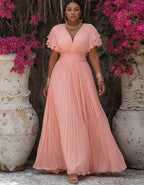 Robe longue en mousseline rose à col en V, double épaisseur, à volants et manches courtes