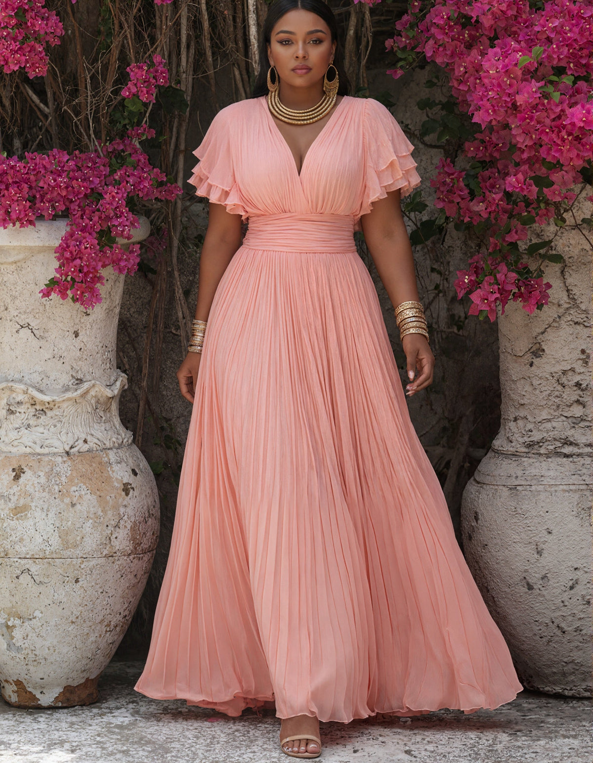 Robe longue en mousseline rose à col en V, double épaisseur, à volants et manches courtes