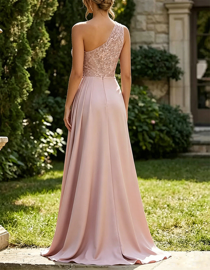 Pink One Shoulder Lace Satin Maxi Dress