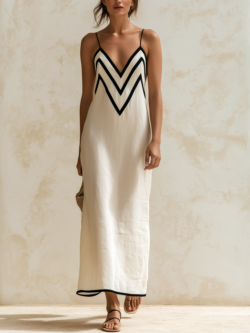 Chevron print contrast trim slip maxi dress