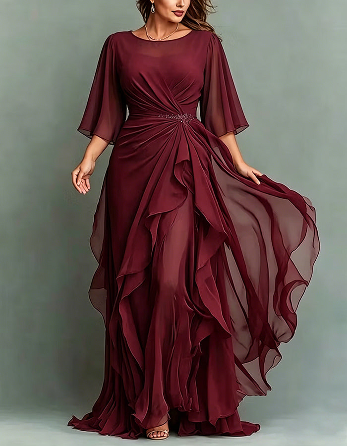 Navy Blue Round Neck Appliqué Twisted Ruffle Chiffon Maxi Dress