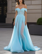 Light Blue Chiffon Off Shoulder Maxi Dress