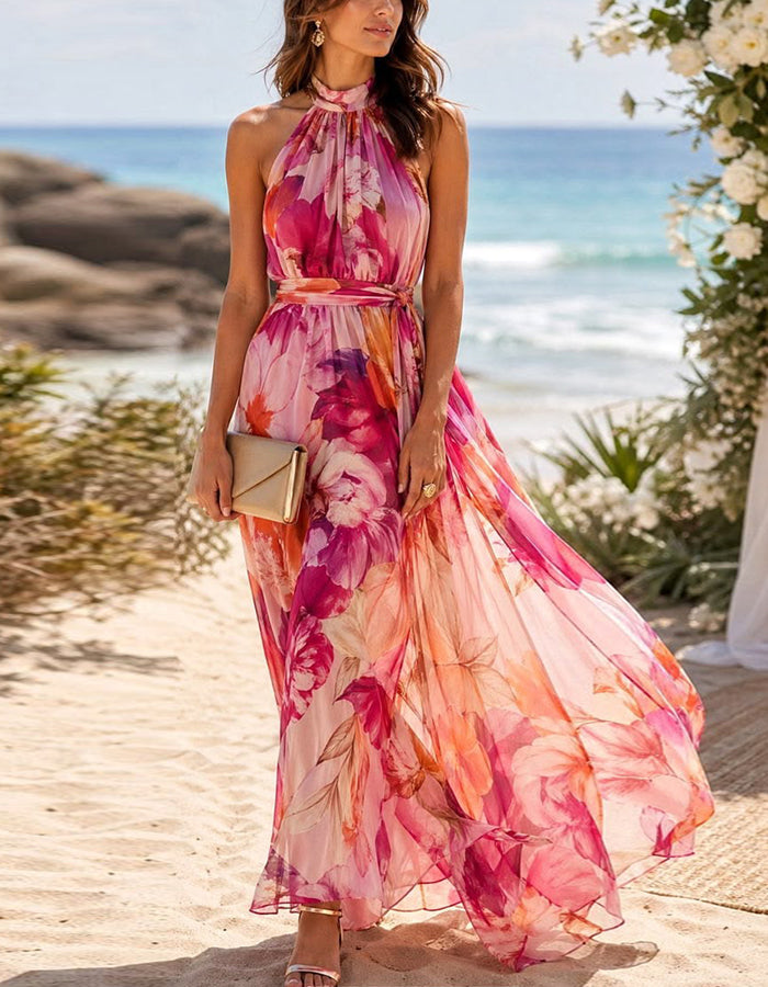Robe longue en mousseline à imprimé floral aquarelle rose