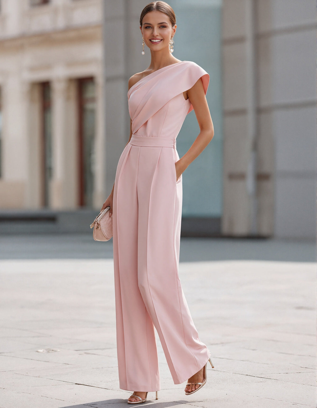 Pink One Shoulder Wide Leg Jumpsuit