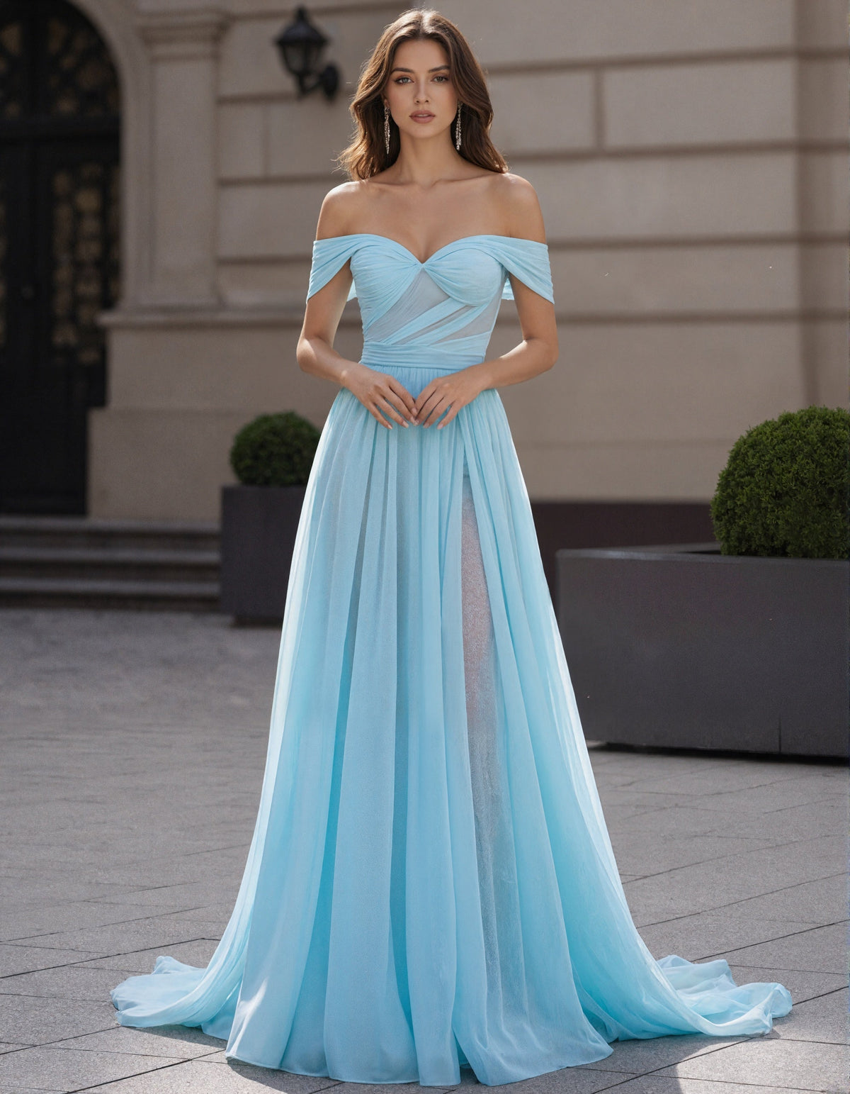 Light Blue Chiffon Off Shoulder Maxi Dress