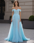 Light Blue Chiffon Off Shoulder Maxi Dress