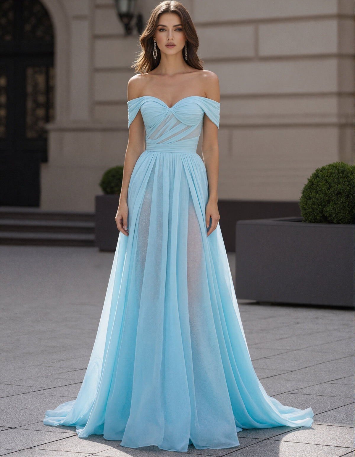 Light Blue Chiffon Off Shoulder Maxi Dress