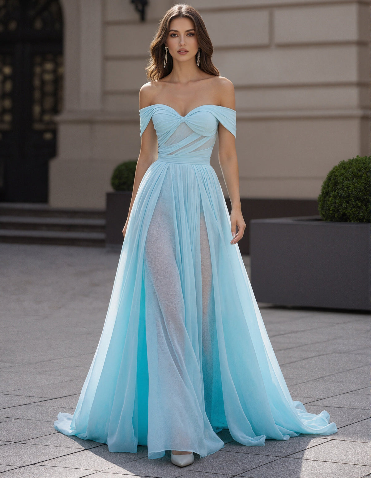 Light Blue Chiffon Off Shoulder Maxi Dress