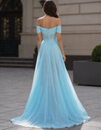 Light Blue Chiffon Off Shoulder Maxi Dress